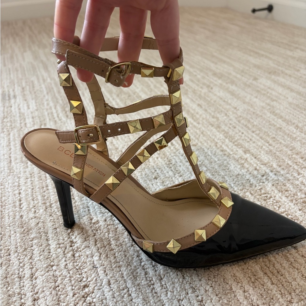 BCBGeneration Black and Brown Heels with Gold Accents